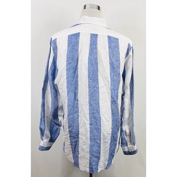 Island Company Large 100% Linen Classic Striped Shirt Blue White Button Front - Picture 5 of 5